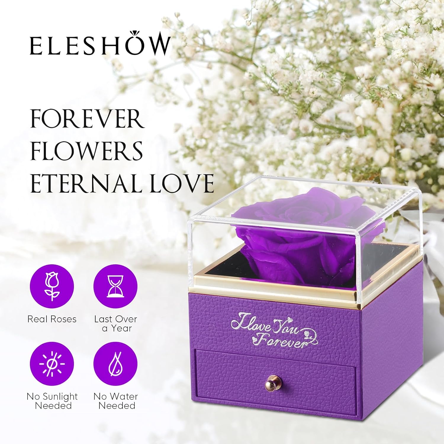 EleShow Preserved Real Purple Rose with Heart Necklace, Eternal Flowers Gifts for Mom Grandma Wife Girlfriend on Christmas, Valentines, Mothers Day, Anniversary, Birthday, I Love You Gifts for Her
