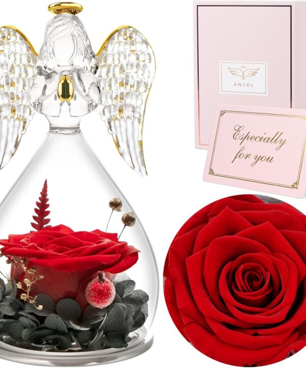 Sunia Preserved Flower Rose Gift for Women - Mother's Day Birthday Gifts for Mom Wife Grandma, Glass Angel Figurines Forever Real Roses Gifts for Her Valentine Day Thanksgiving (Red)