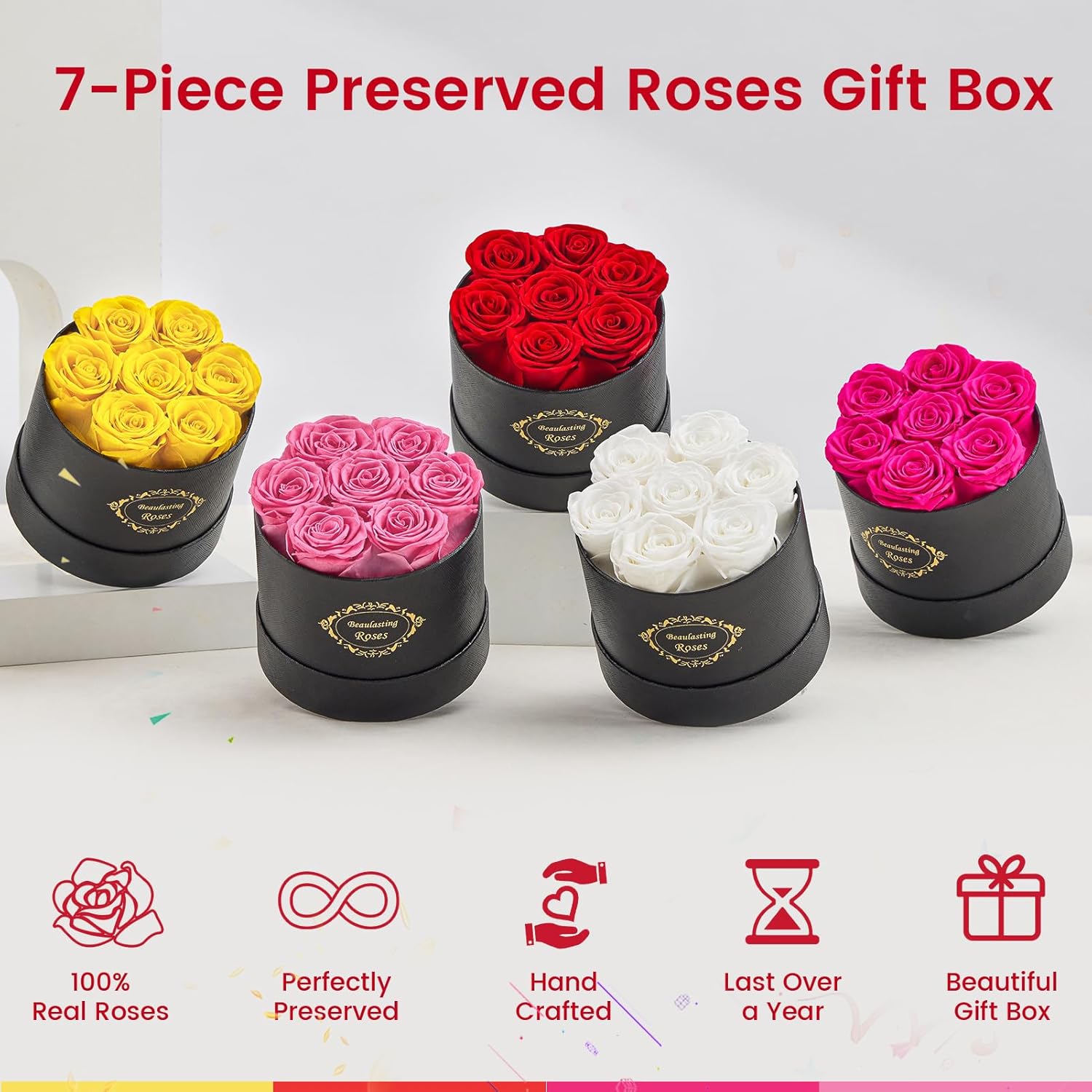 Beaulasting Long Lasting Preserved Roses in a Box Last a Year Forever Flowers for Her Mom Wife Anniversary Birthday (Round Black Box, Pink)
