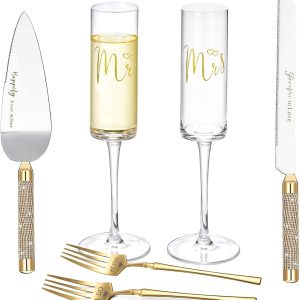 ROXBURGH Wedding Cake Knife and Server Set, Champagne Flutes, Gold Bride and Groom Toasting Glasses, Mr and Mrs Forks, Cake Cutting Set for Engagement