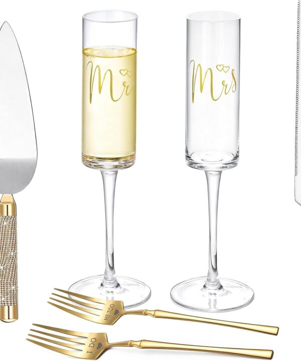 ROXBURGH Wedding Cake Knife and Server Set, Champagne Flutes, Gold Bride and Groom Toasting Glasses, Mr and Mrs Forks, Cake Cutting Set for Engagement