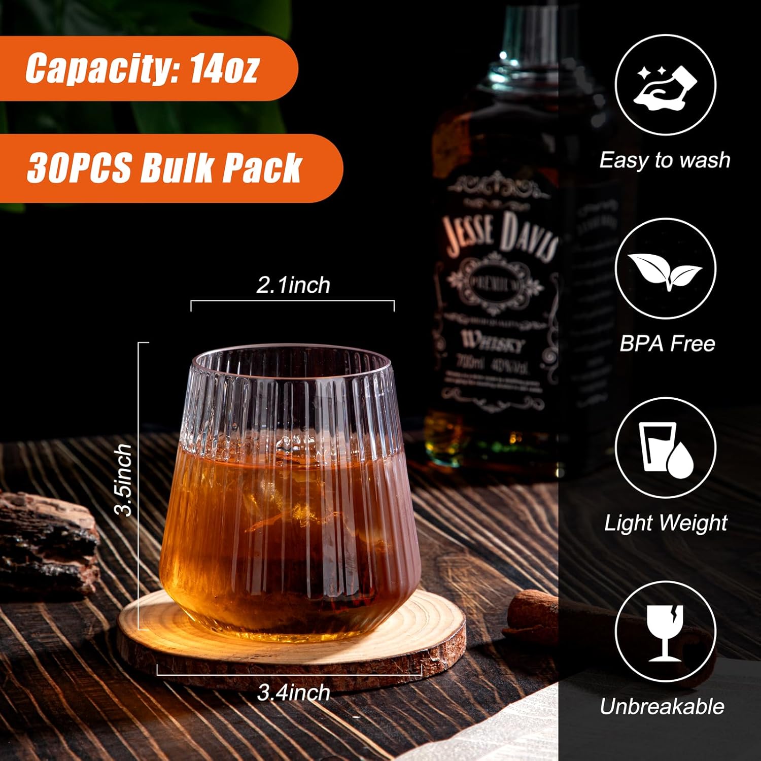 Ciaell 30 Pack Plastic Ribbed Wine Glasses – 14 OZ Thicker Origami Stemless Disposable Wine Champagne Whiskey Unbreakable Clear Cocktail Glass, Reusable Wine Cups for Home Party Wedding Bar