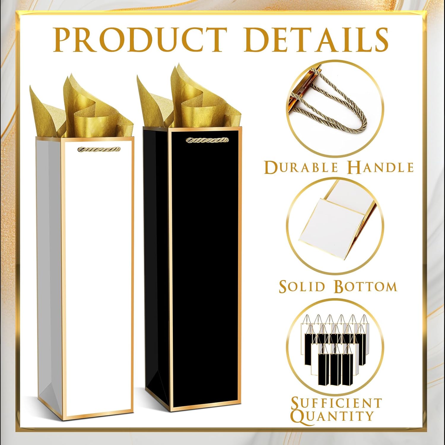 Ovveroche 50 Pack Wine Gift Bag with Handles and Tissue Paper Wine Bottle Gift Bags for Holiday Birthday Wedding Graduations Fathers Day Party, Black+White