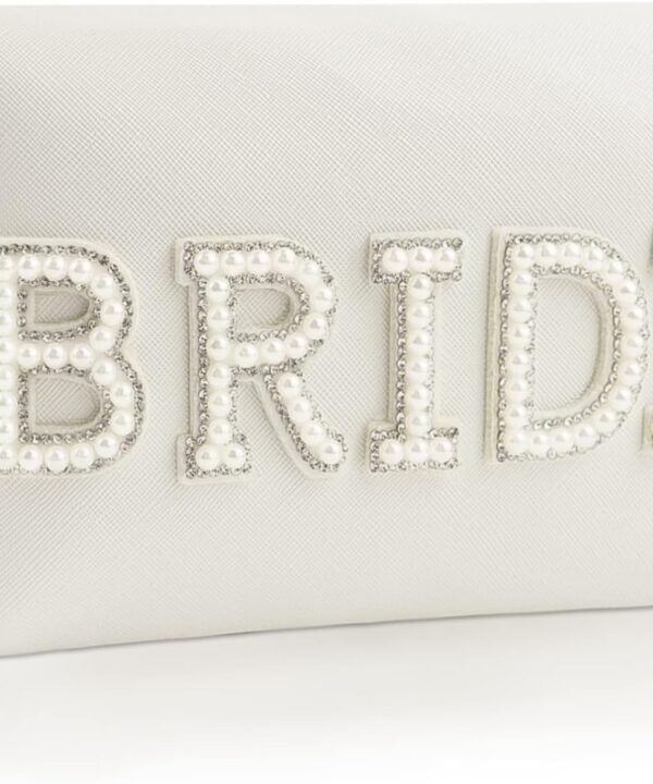 Bride Patch Letter Makeup Bag for Women Bridesmaid Engagement Gift for Her White Pearl Rhinestone Travel Toiletry Bag Make Up Bag Pouch for Purse Bridal Shower Gifts for Engagement Wedding