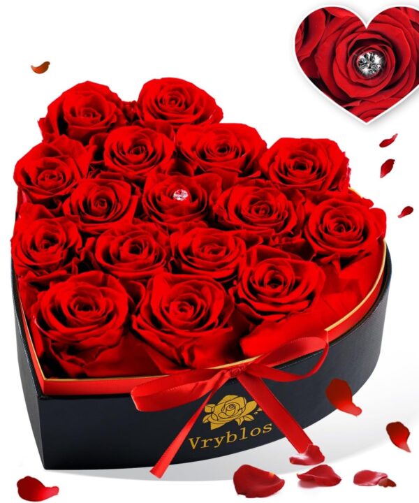 Forever Red Roses in a Heart Shaped Box 16 Preserved Flowers for Delivery 100% Real Quality Immortal Flower Eternal Birthday Graduation Gifts Home Deco for Her Mom Women Wife Girlfriend (Heart-Red)