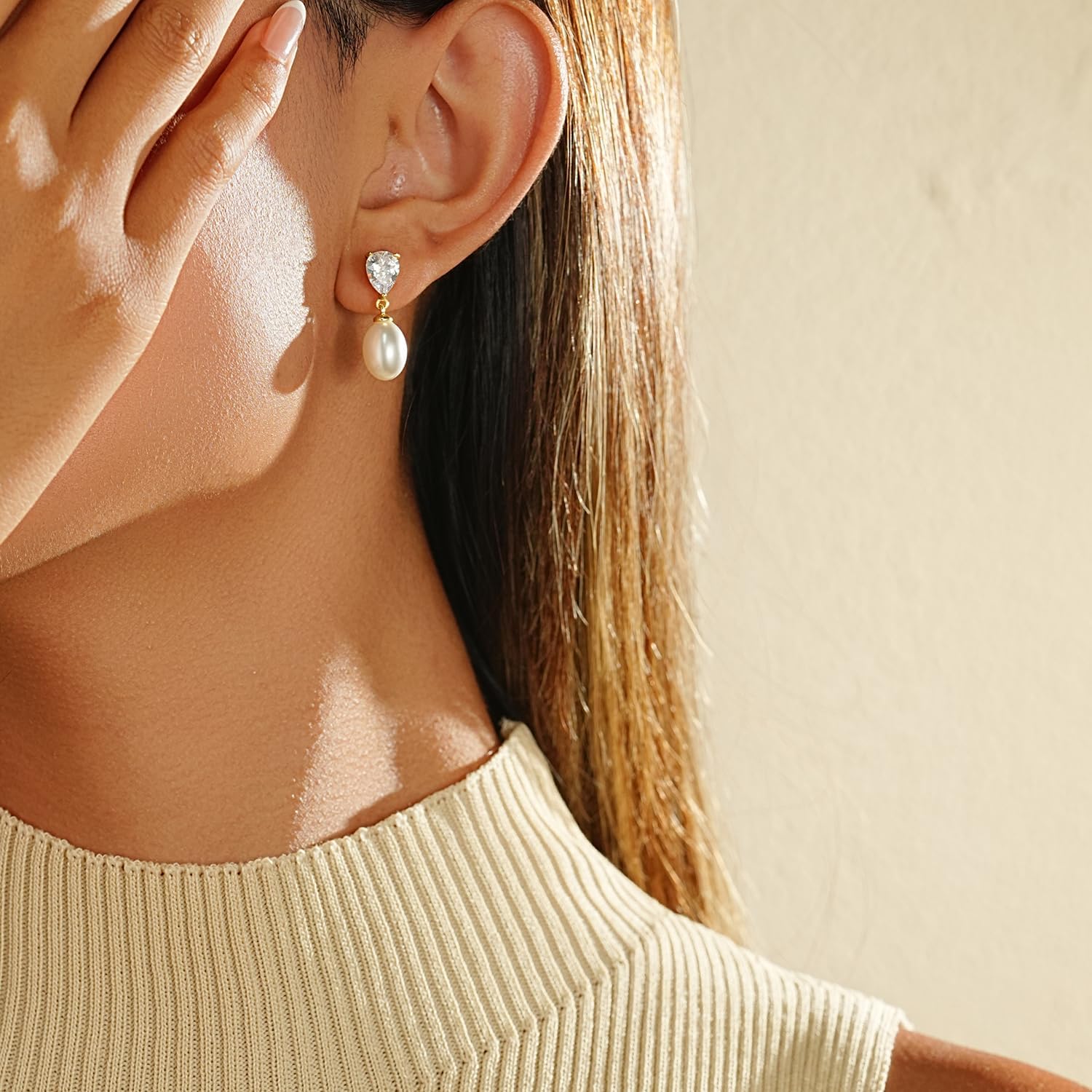 Pearl Earrings for Women Trendy, Dainty 14K Gold Plated CZ Pearl Drop Earrings Cute Dangle Earring Wedding Prom Jewelry Bridal Gifts for Her