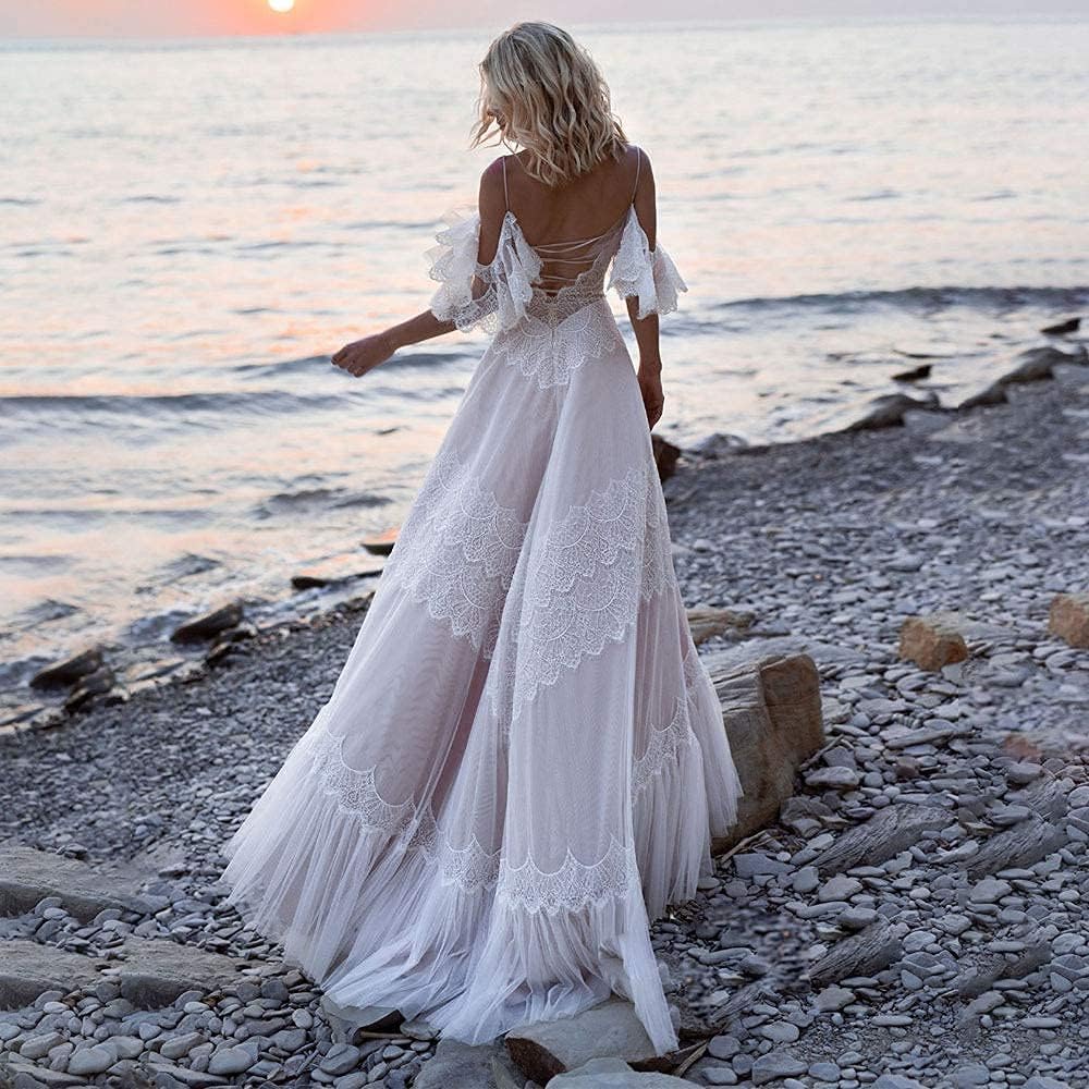 Women’s Wedding Dresses Chic Lace Evening Dresses V Neck Ruffle Sleeves Beachy Boho Outdoorsy Wedding Gowns