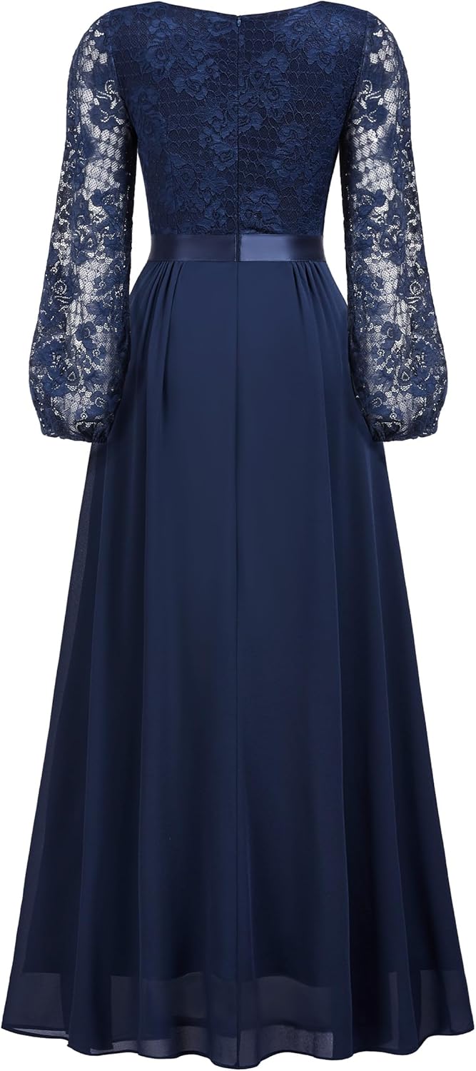 Miusol Womens Wedding Guest A-Line Dress Floral Lace Deep V Neck Long Sleeve Formal Evening Gown