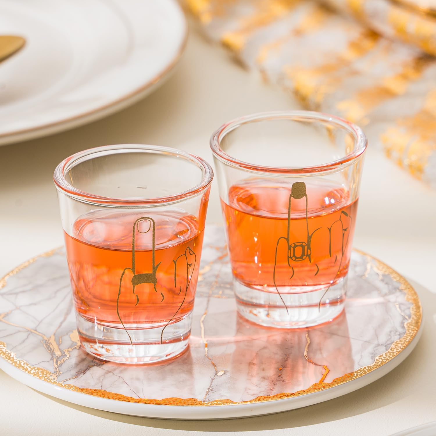 Bride and Groom Glasses 2 Pieces Ring Finger Wedding Funny Bride Wine Glass 2 oz Mr and Mrs Engagement Gifts Stemless for Newlyweds Couples(Classic,1.93 Inch)