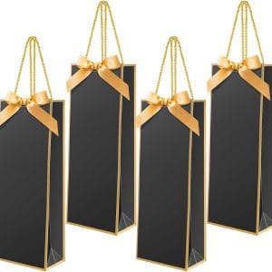 Engrowtic 24 Pcs Wine Gift Bag with Ribbon Bow Reusable Liquor Bag with Foil Print Elegant Thank You Gift for Christmas Valentine Wedding Shower Birthday Holiday (Black Gold)