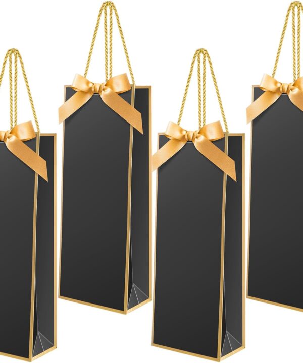 Engrowtic 24 Pcs Wine Gift Bag with Ribbon Bow Reusable Liquor Bag with Foil Print Elegant Thank You Gift for Christmas Valentine Wedding Shower Birthday Holiday (Black Gold)