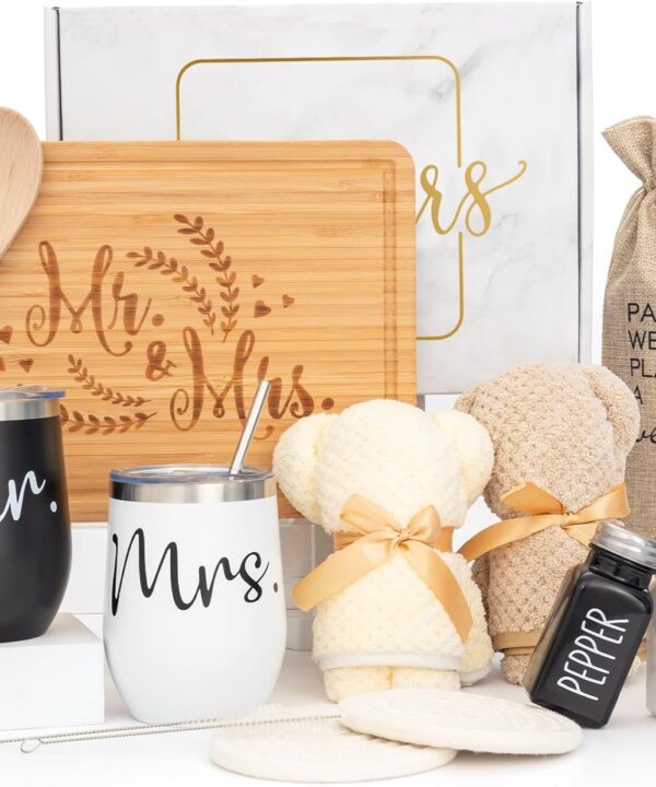 Wedding Gifts for Couple (11 Piece Set), Cool Engagement Baskets for Newlywed, Unique Mr and Mrs Box for Bride and Groom, Bridal Shower Gift for Bride To Be, His and Hers, Just Married