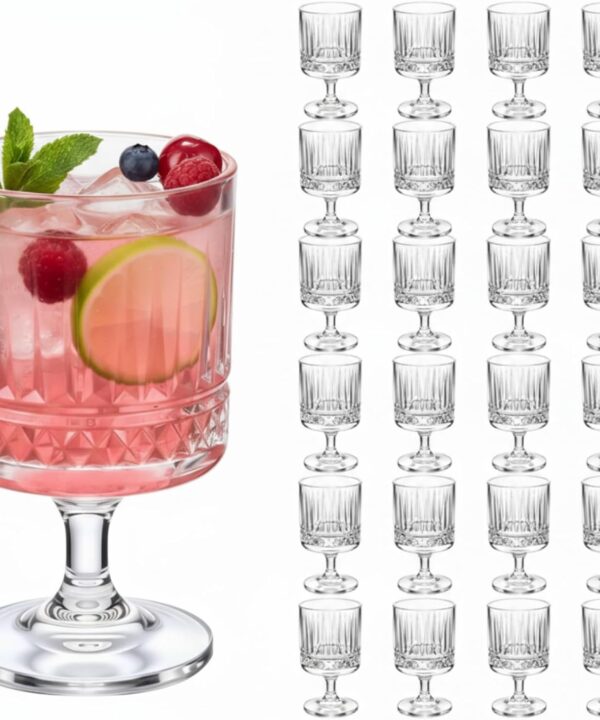 Vintage Goblet Glasses Set, 8 oz Plastic Water Goblets Unbreakable Clear Wine Glasses Bulk with Embossed Floral for Wedding Dining Birthday Guest Gift(24 Pcs,Rhombus)