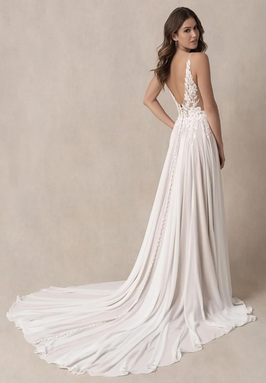 Chiffon Spaghetti Straps Wedding Dresses for Bride Lace Applique V Neck A Line Sparkly Bridal Gown with Train