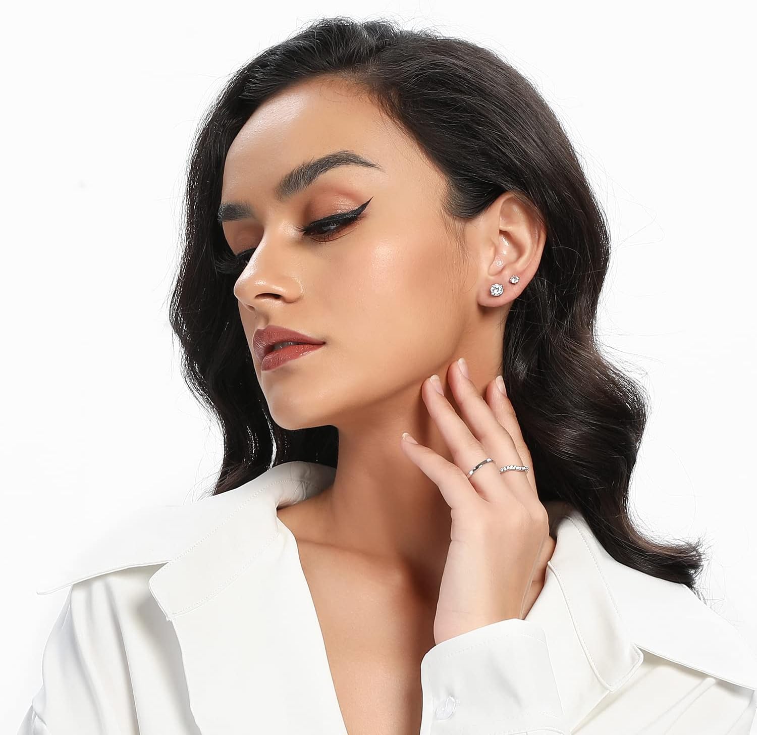 18K White Gold Plated 4 Pong Round Clear Cubic Zirconia Stud Earring Pack of 6 Pairs (6 Pairs)