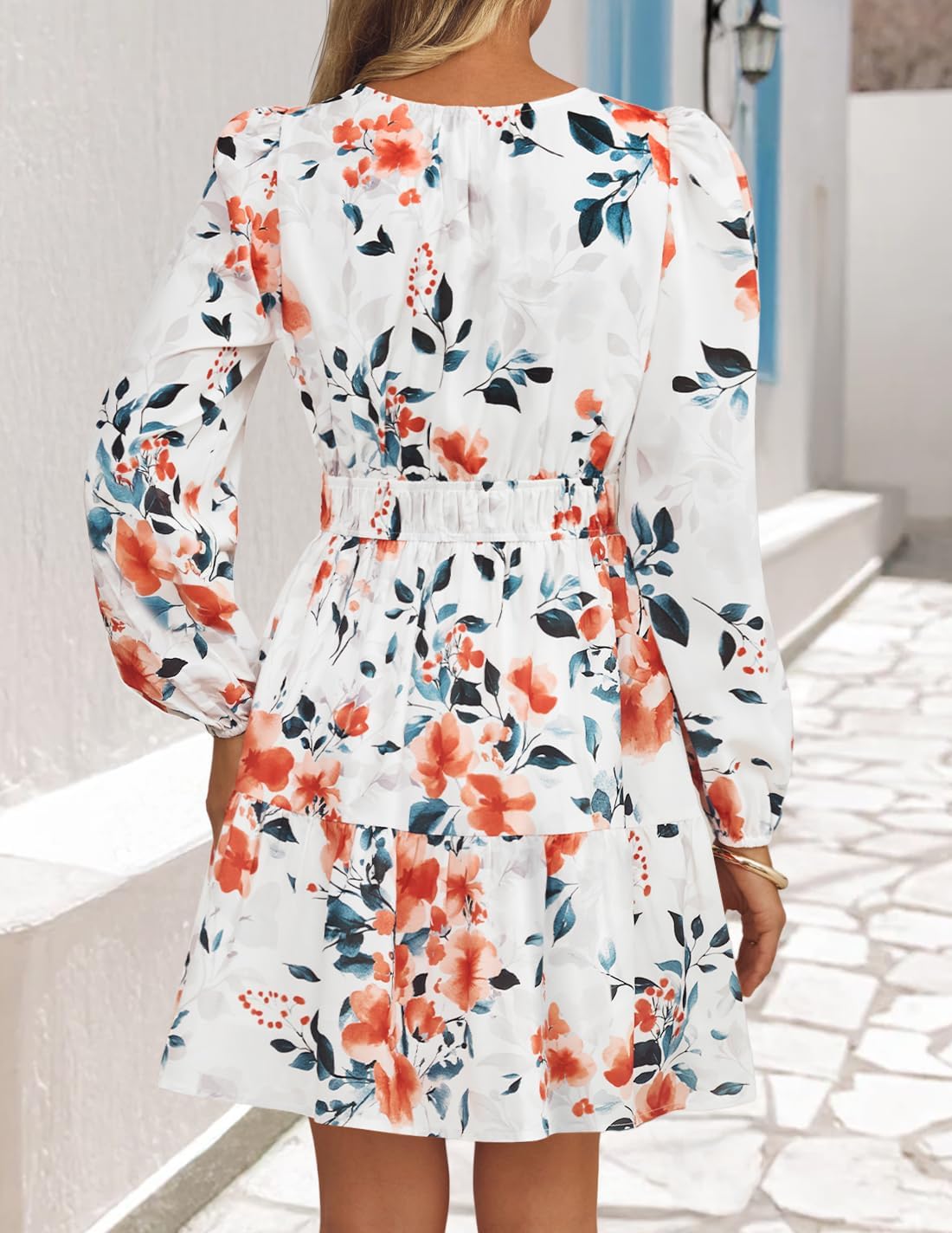 ZESICA Fall Wedding Guest Dresses for Women 2025 Casual Long Sleeve Floral Boho V Neck A-Line Mini Dress with Pockets