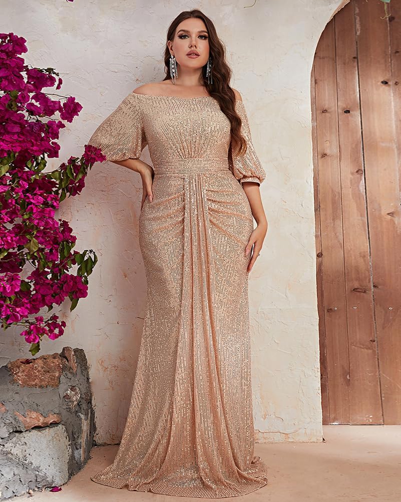 Women’s Plus Size Off Shoulder Puff Sleeve Sequin Formal Maxi Dress Evening Party Gowns