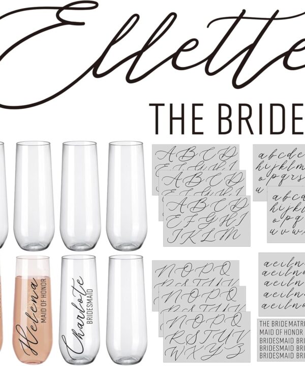 20 Pcs Bridesmaid Champagne Glass Set 8 Stemless Champagne Flutes 9 oz 12 Black Transfer Stickers Bride Maid of Honor Gift for Weddings Engagement Bachelorette Bridal Shower Party