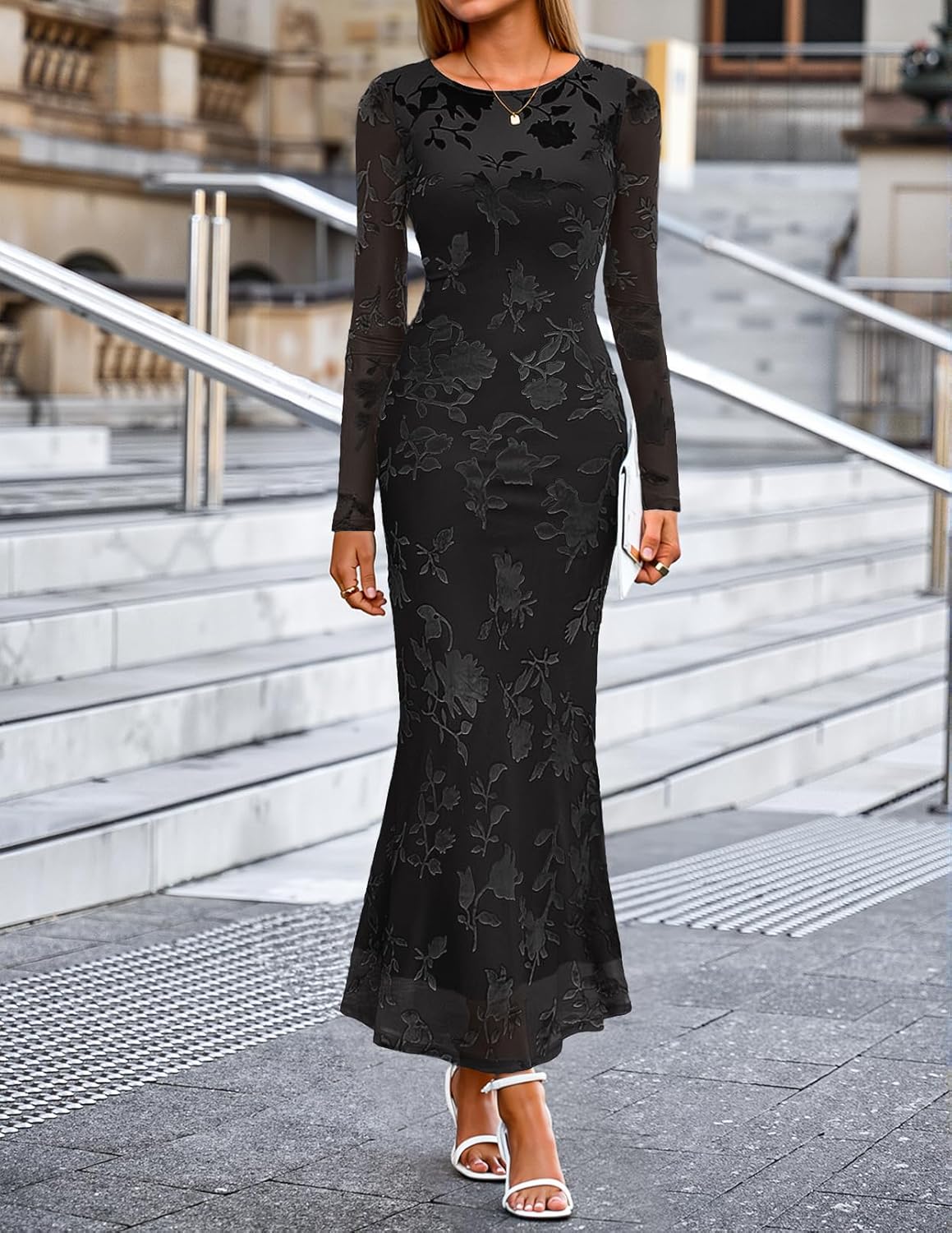 MEROKEETY Womens Fall Formal Wedding Guest Dress Long Sleeve Maxi Bodycon Floral Mesh Winter Cocktail Party Dresses