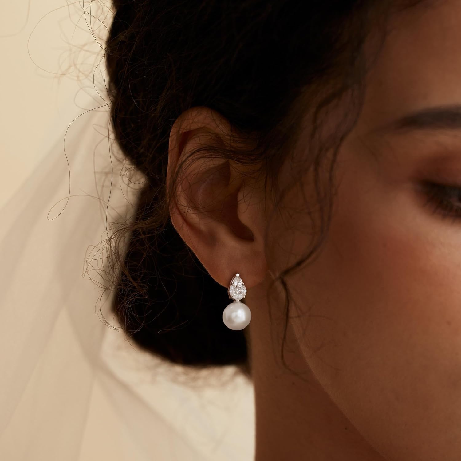 Pearl Earrings for Women, 14k Gold Plated CZ Formal Pearl Stud Earring Hypoallergenic Gold Earrings for Women Trendy Dainty Bridal Pearls Drop Earrings Fashion Wedding Jewelry