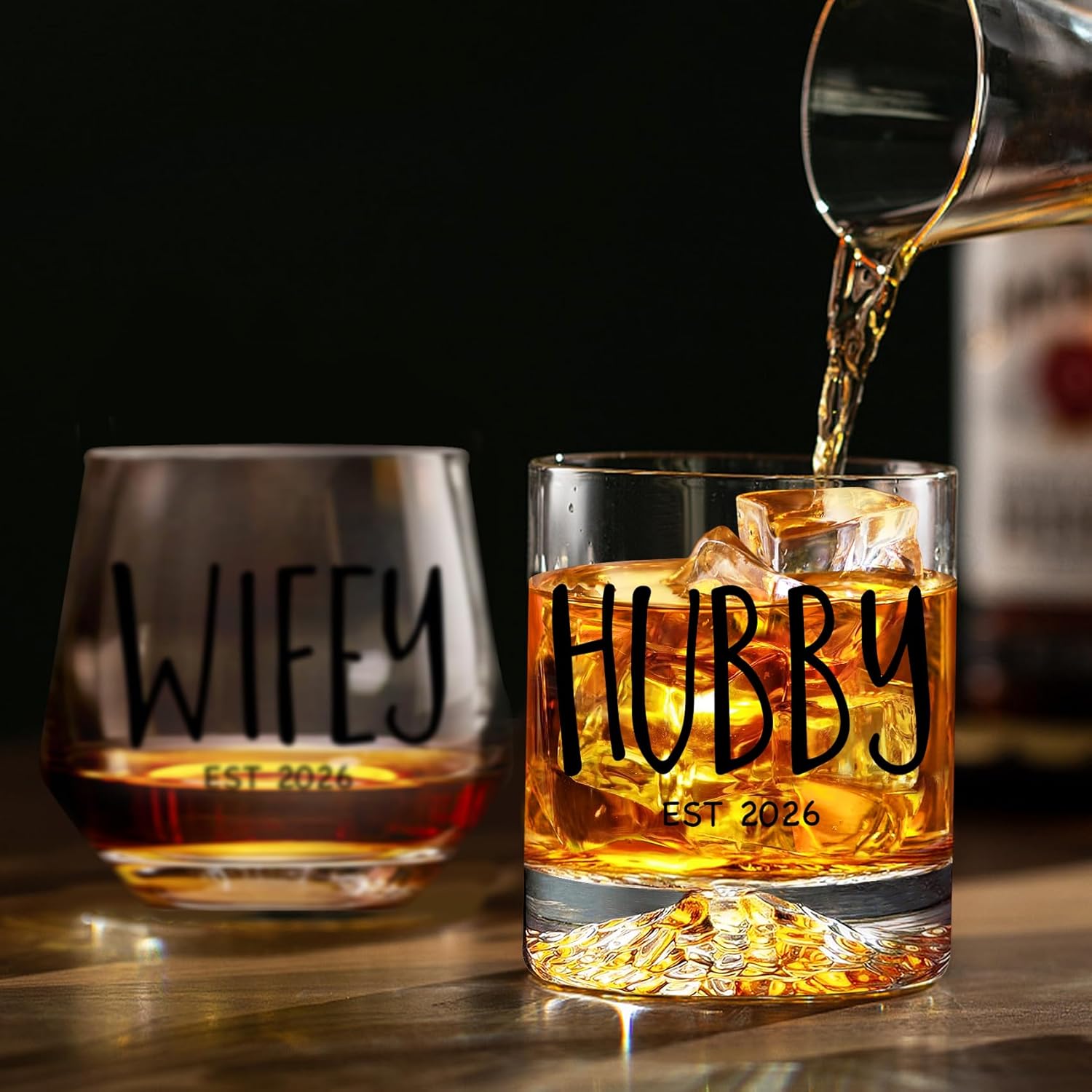 Hubby and Wifey Glasses Gift Set for Couples – Engraved Wine and Whiskey Tumblers, Anniversary Wedding Present, Valentines Day Gift 2026 (2-Piece Set) -256