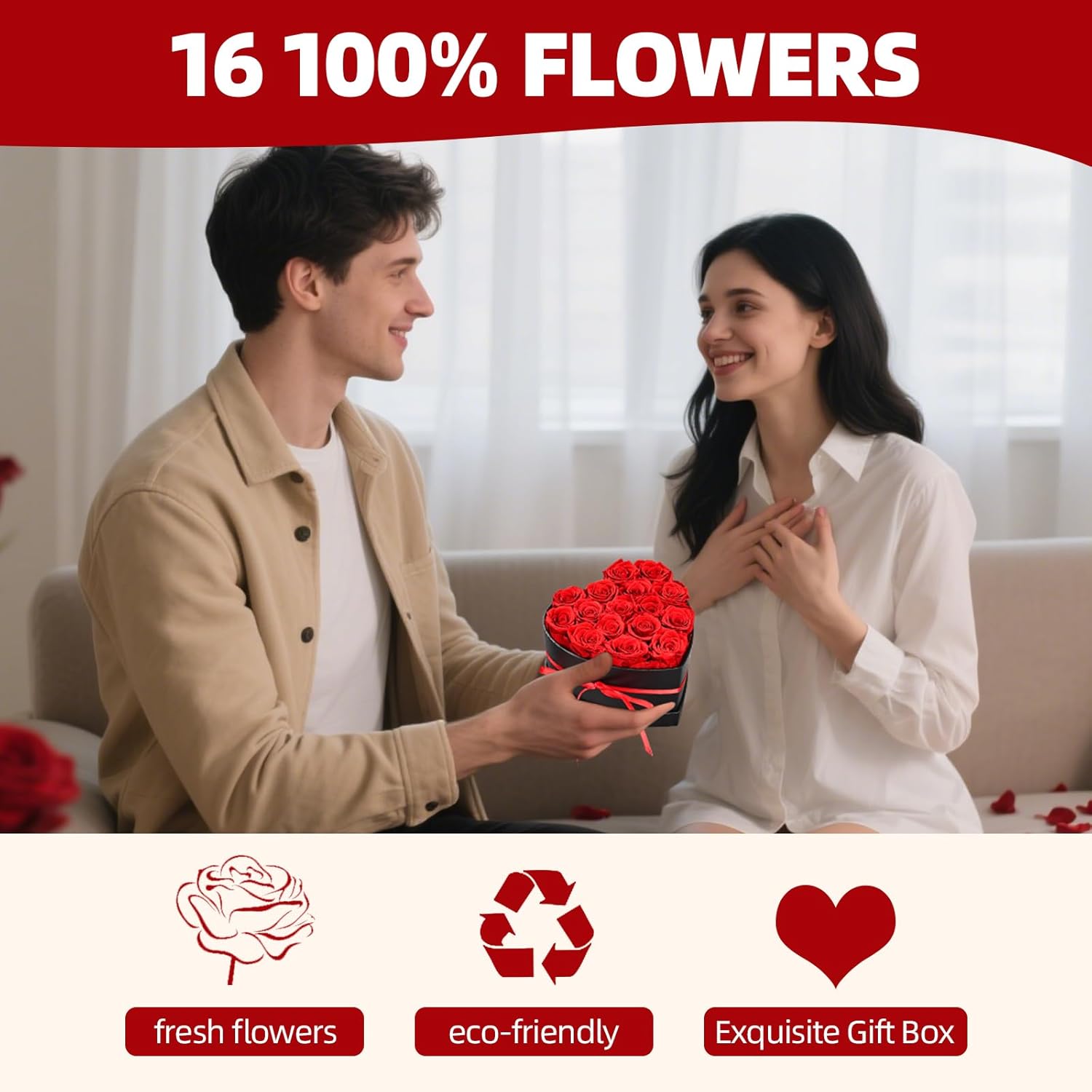 Preserved Red Roses Gift Box, 16 Roses in Black Box with Bow, Forever Flowers for Birthday, Valentines Day Mothers Day (Red -16)