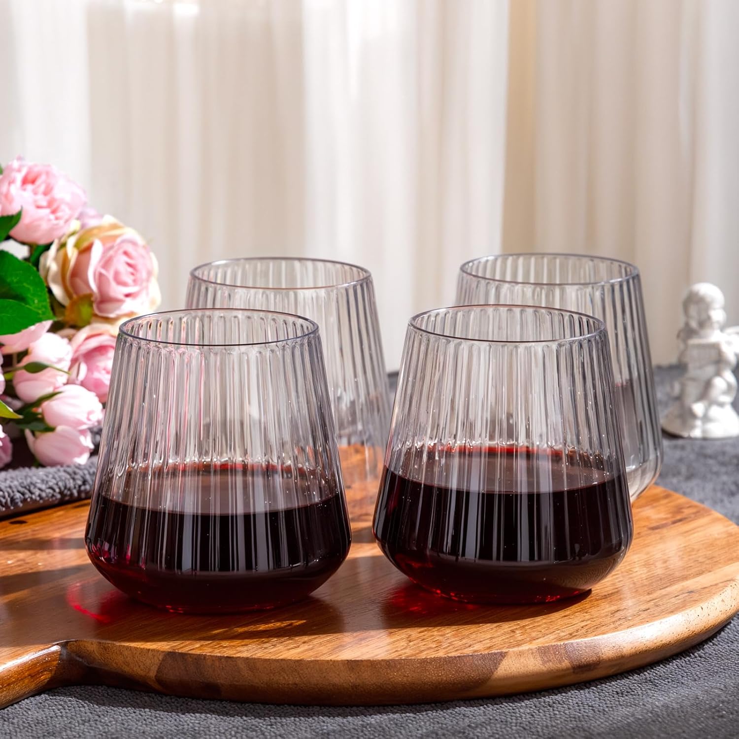 Ciaell 30 Pack Plastic Ribbed Wine Glasses – 14 OZ Thicker Origami Stemless Disposable Wine Champagne Whiskey Unbreakable Clear Cocktail Glass, Reusable Wine Cups for Home Party Wedding Bar