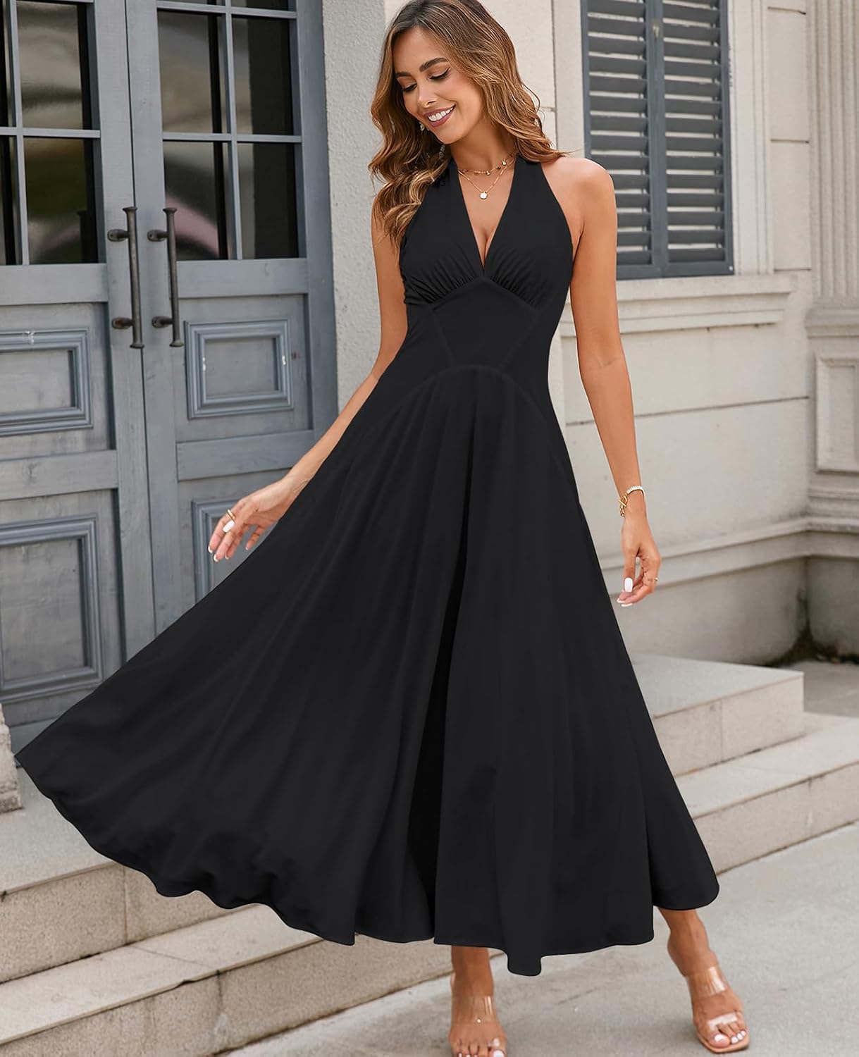 GLNEGE Womens Summer V-Neck Long Dress Casual Halter Wedding Guest Dresses Boho Flowy Smocked Sundress 2025