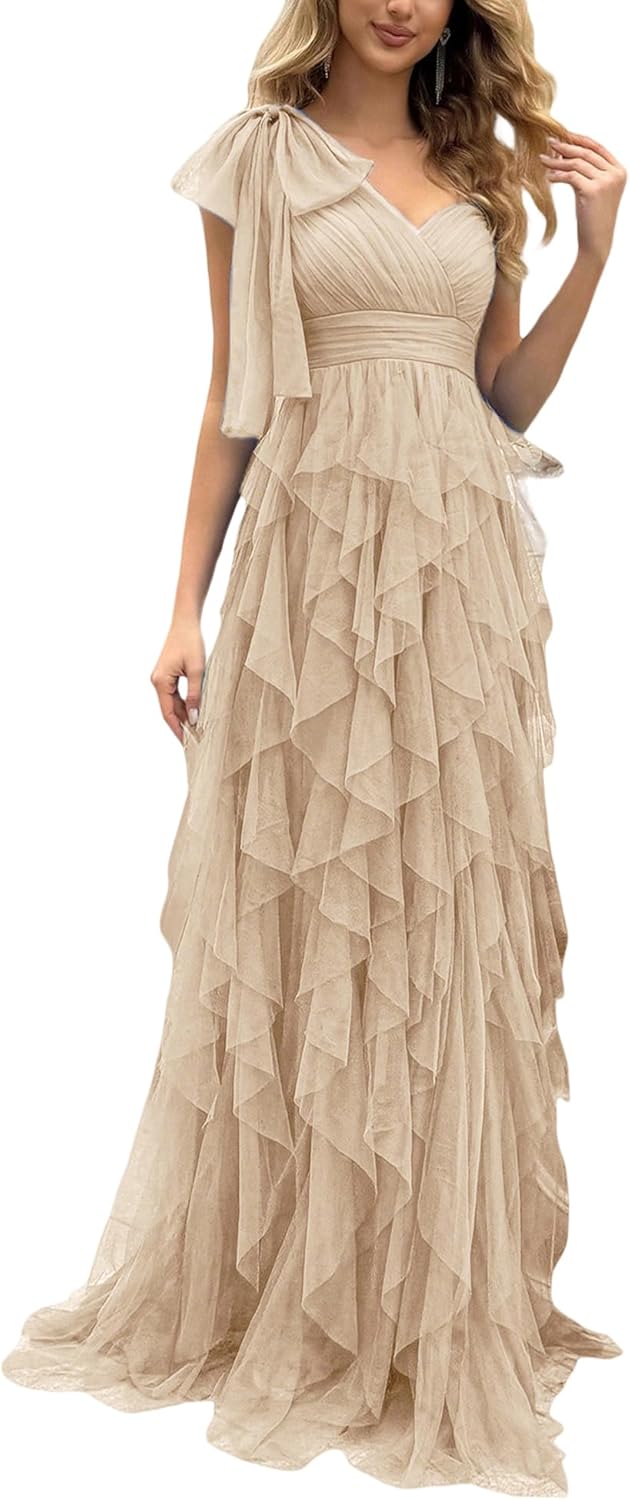 Summer Women Tulle Prom Dress Elegant Bow One Shoulder Slit Evening Party Gown Wedding Guest Bridesmaid Maxi Dress