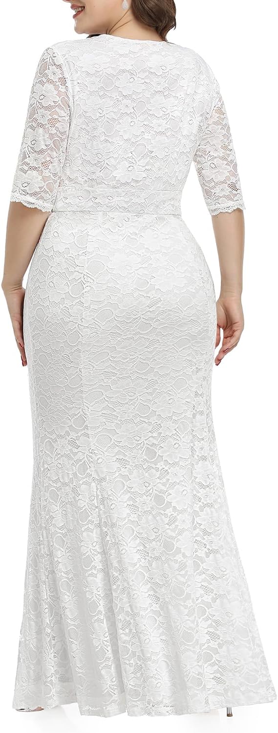 Wedding Dresses for Bride Plus Size – Mermaid Formal Evening Gown Wrap Neck Lace Dress