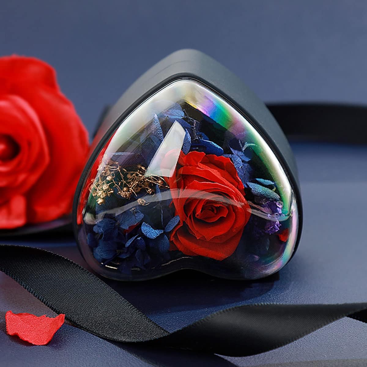 Preserved Flower Rose Pendant Box, Heart Shape Velvet Jewelry Box for Valentines Day Mothers Day Wedding Anniversary Birthday Gift, Dark Blue