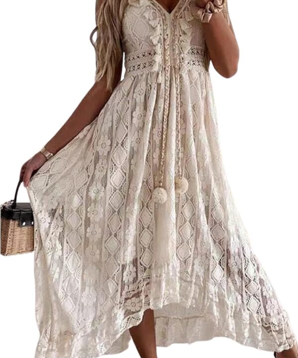 CUPSHE Women's Summer Dresses Sleeveless Lace Casual Tassel Beach Spaghetti Straps Flowy Maxi Sun Dress