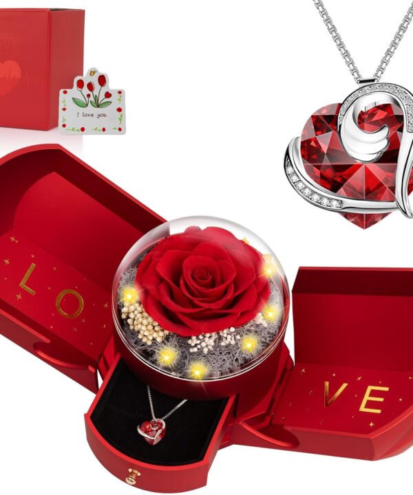 Preserved Real Red Rose with Necklace Forever Flowers Rose Birthday Gifts for Women Her Mom Wife Girlfriend Grandma on Valentines Mothers Day Sweetest Day Christmas Anniversary Romantic-Red