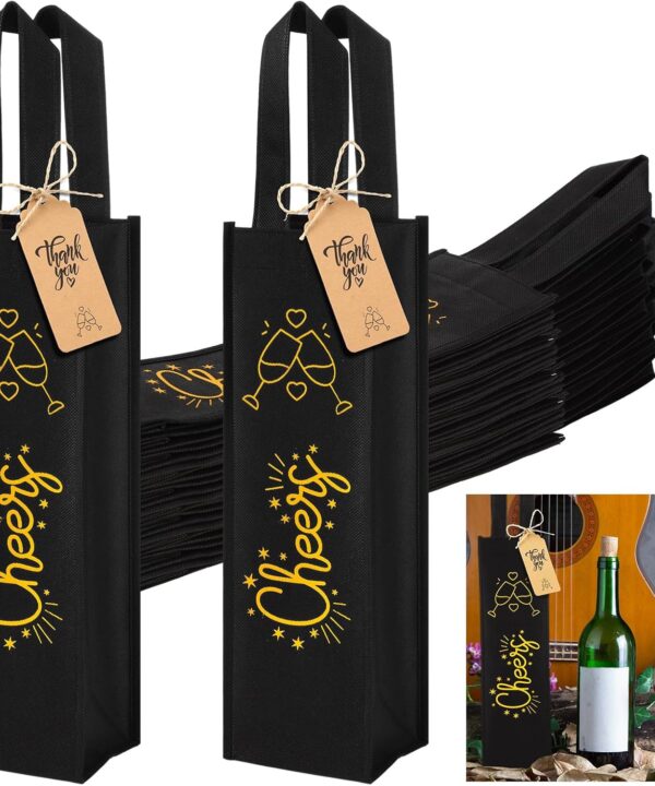 Abbylike 24 Pcs Wine Gift Bag Bulk Christmas Single Non Woven Bottle Bags with [cheers] Print Tags and Rope Reusable with Handle for Christmas Party Holiday Birthday Wedding(Black)