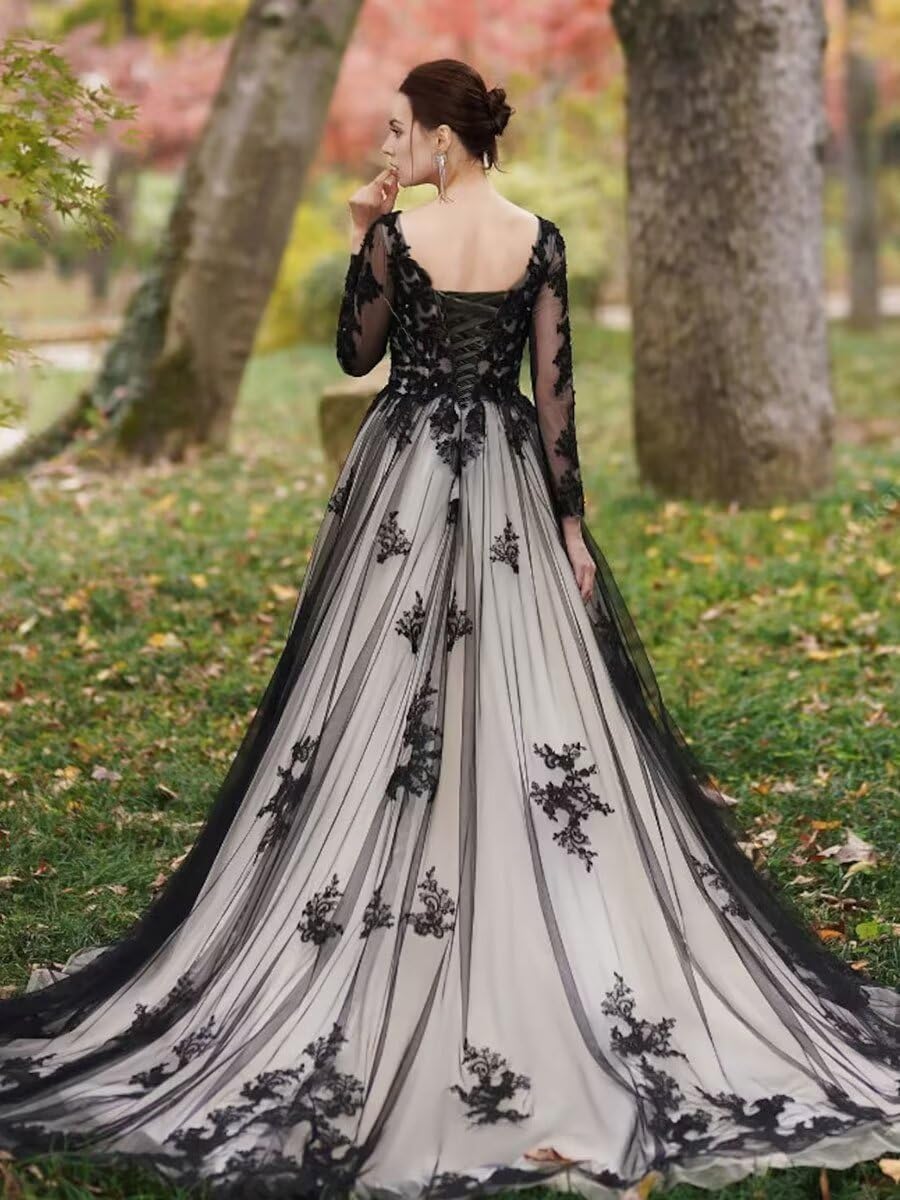 Long Sleeves Sweetheart Wedding Dresses for Women Lace Tulle Bridal Gowns with Train Sparkly Black Bridal Dresses