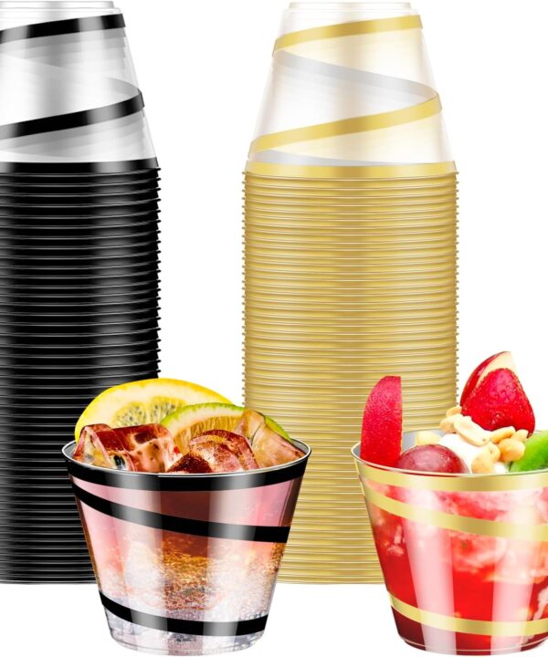 Dualshine 100 PCS Black and Gold Rimmed Swirl Clear Plastic Cups, 9 oz Disposable Plastic Wine Glasses, Heavy Duty Cocktail Glasses Cups for Party, Wedding,Birthday(50 Gold, 50 Black)