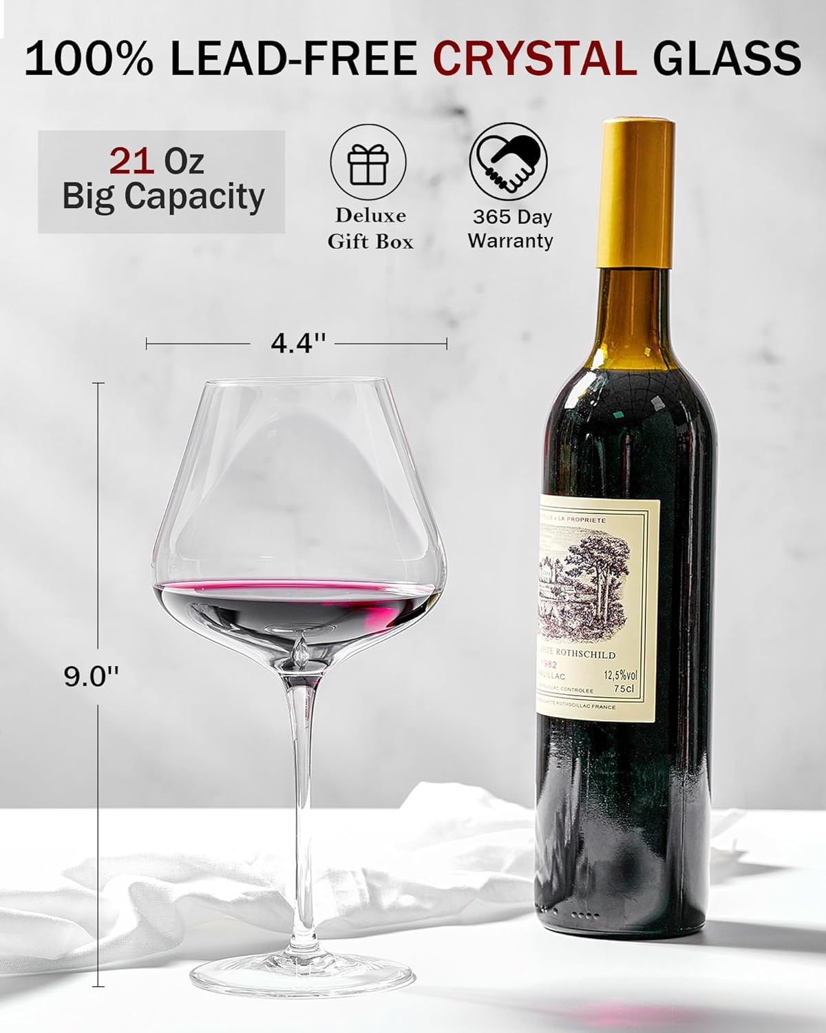 JBHO Hand Blown Italian Style Crystal Burgundy Wine Glasses – Lead-Free Premium Crystal Clear Glass – Set of 2-21 Ounce – Gift-Box for any Occasion