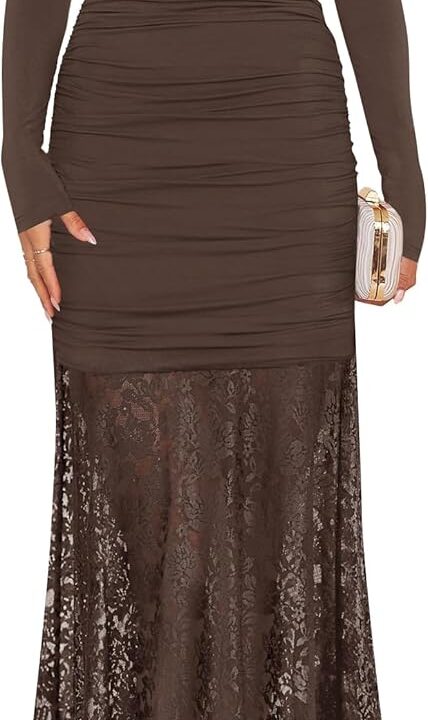 ZESICA Women's Long Sleeve Off Shoulder Bodycon Dresses Fall 2025 Ruched Lace Wedding Guest Cocktail Formal Maxi Dress