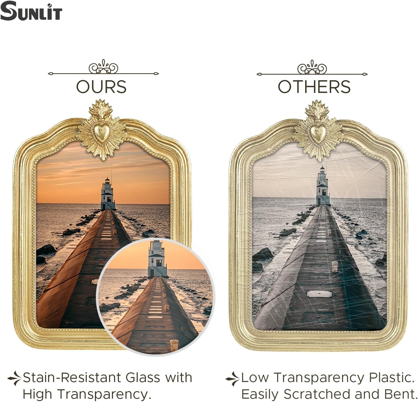 Sunlit Vintage Picture Frame 5×7 Inch, Antique Photo Frames with Glass Front, Small Heart Luxury Photo Display, Tabletop Wall Hanging, Gift Ideas, Gold