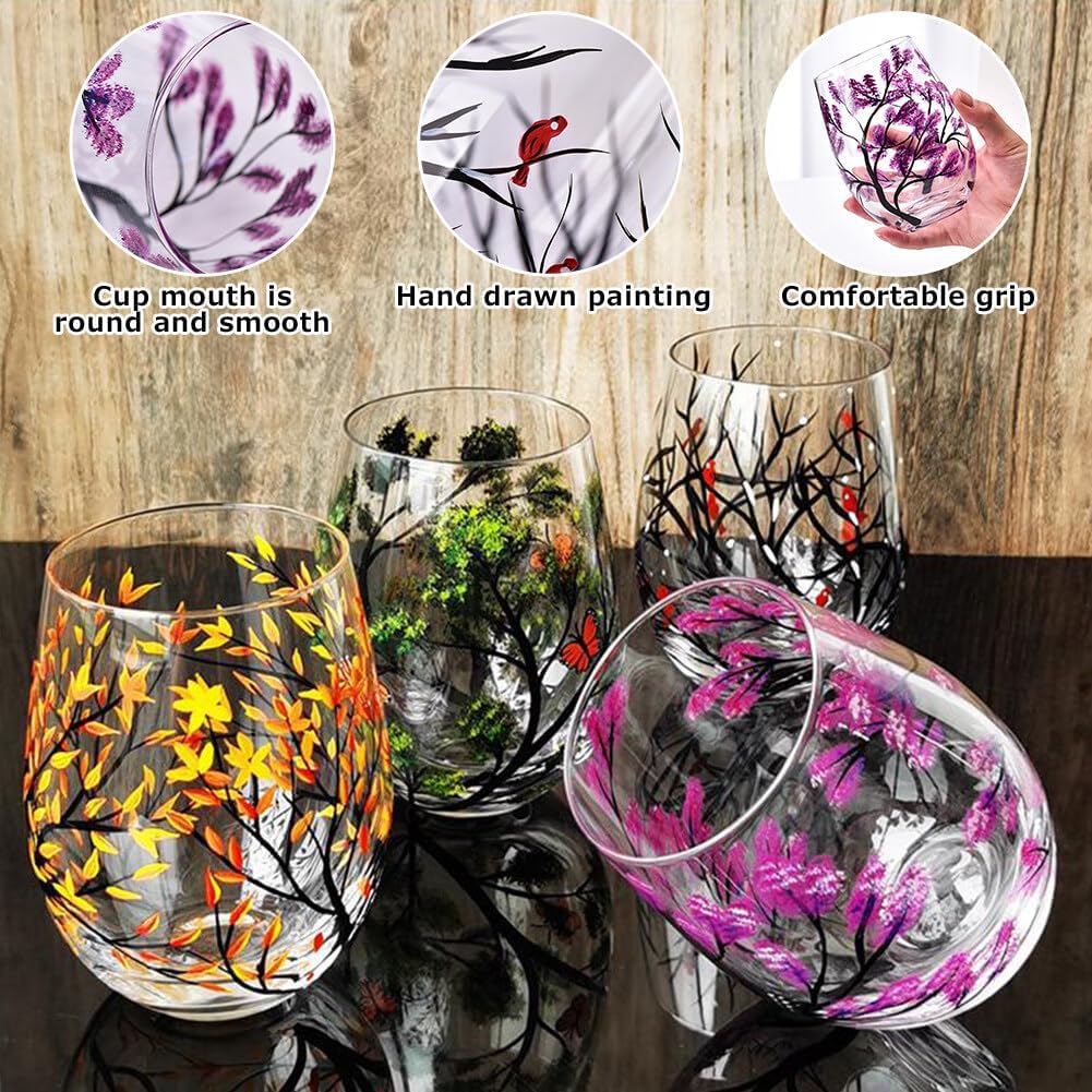 Grehge and Painted Wine Glass Four Seasons Tree Wine Glasses Fall Leaves Flower Seasons Colored Wine Glasses for Wine Cocktails Novelty Gift for Birthdays Weddings(Stemless glass)