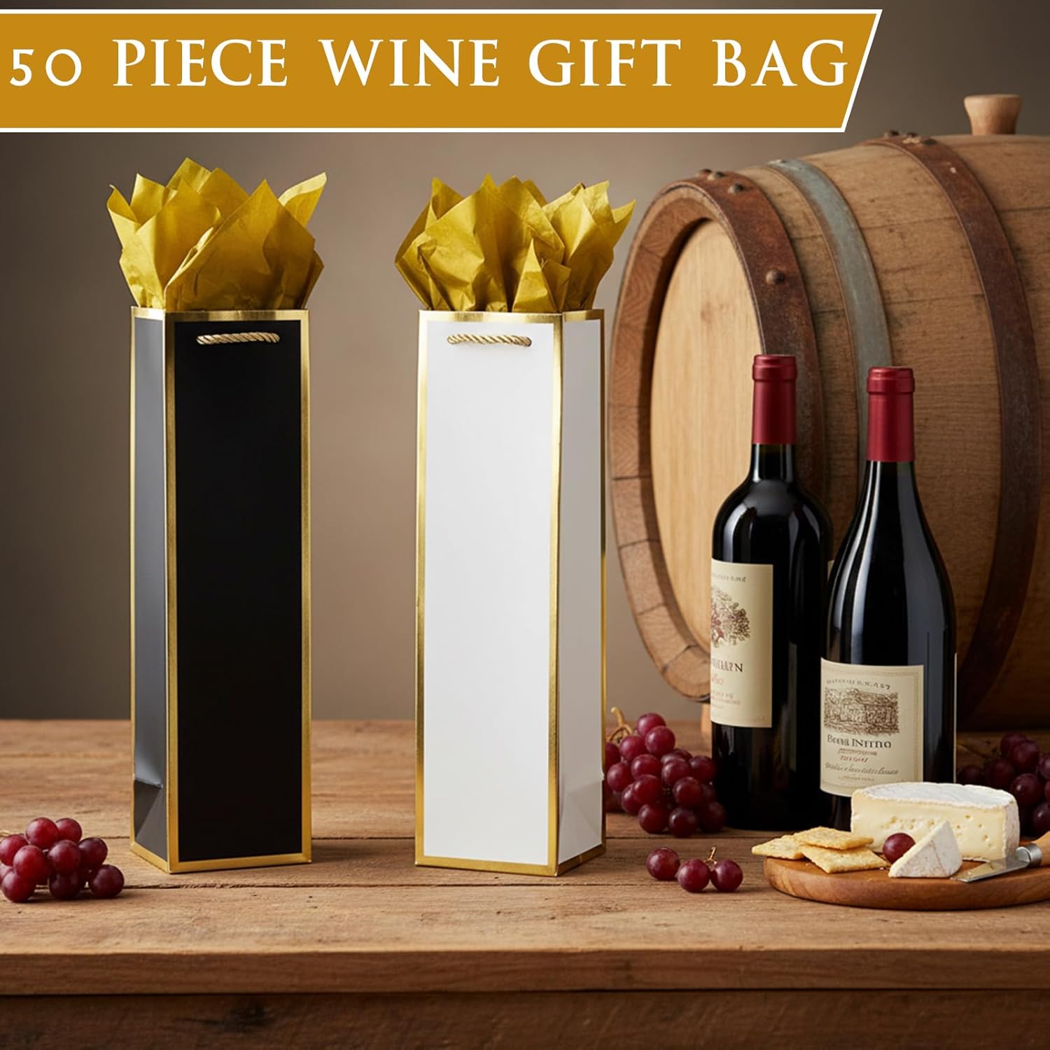Ovveroche 50 Pack Wine Gift Bag with Handles and Tissue Paper Wine Bottle Gift Bags for Holiday Birthday Wedding Graduations Fathers Day Party, Black+White