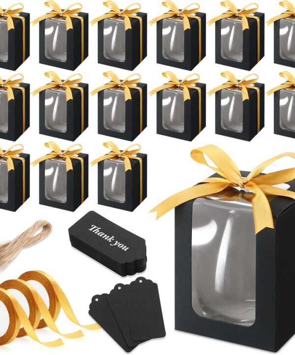 Fulmoon 50 Pack Gift Boxes for Wine Glass Transparent Gift 9 oz Stemless Glass Paper Packaging Box with Ribbon Tag Hemp Rope for Wedding Bridal Shower Baby Shower Birthday(Black)
