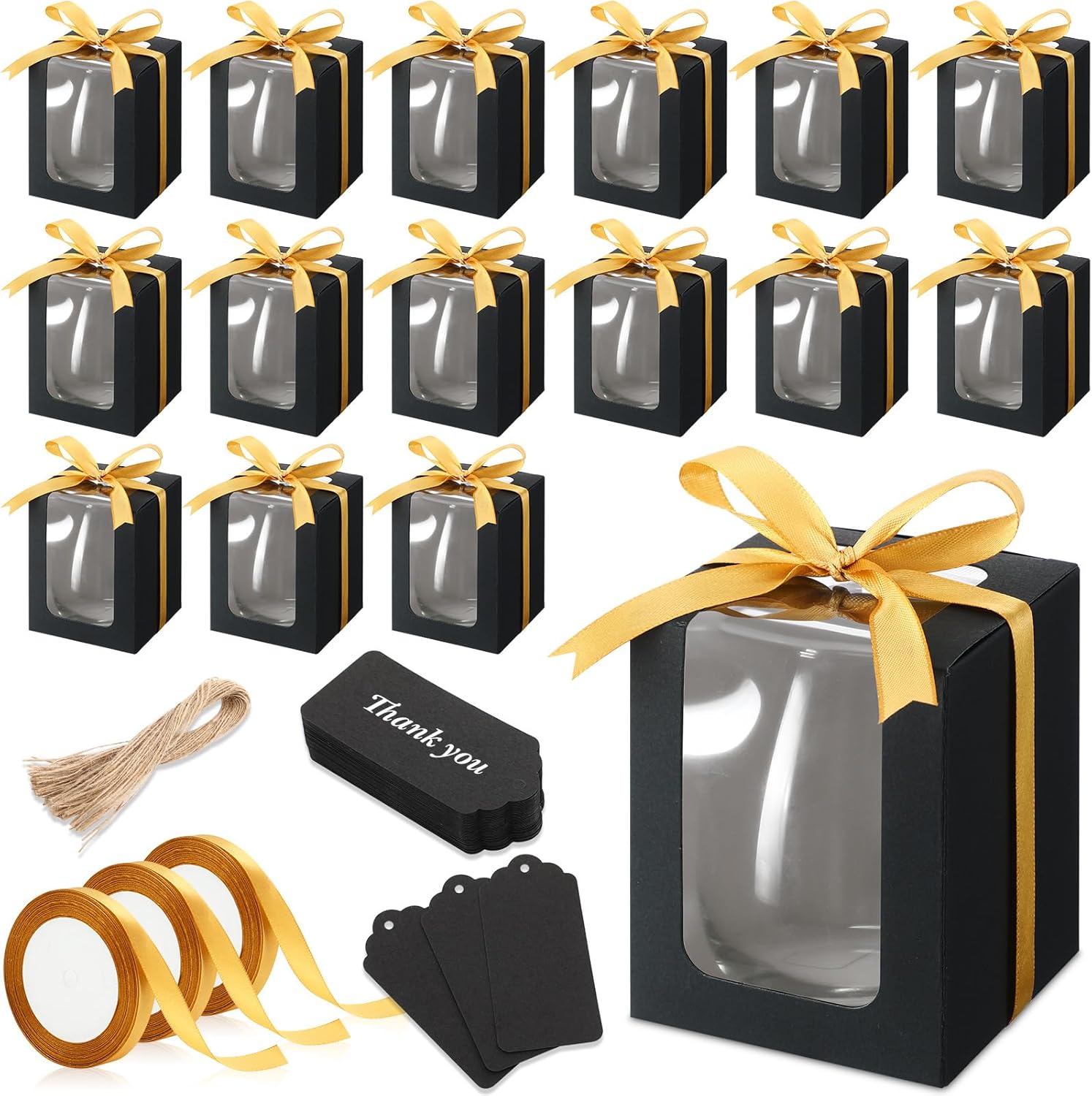 Fulmoon 50 Pack Gift Boxes for Wine Glass Transparent Gift 9 oz Stemless Glass Paper Packaging Box with Ribbon Tag Hemp Rope for Wedding Bridal Shower Baby Shower Birthday(Black)