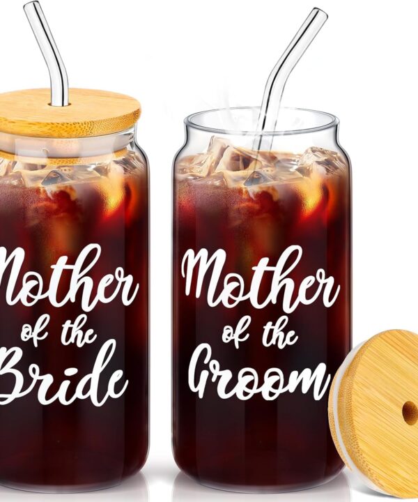2 Sets Mother of The Groom Glass Cups with Lids and Straws, Mother of The Bride 16 oz Iced Coffee Cups, Wedding Gifts for Bride and Groom (Mother)