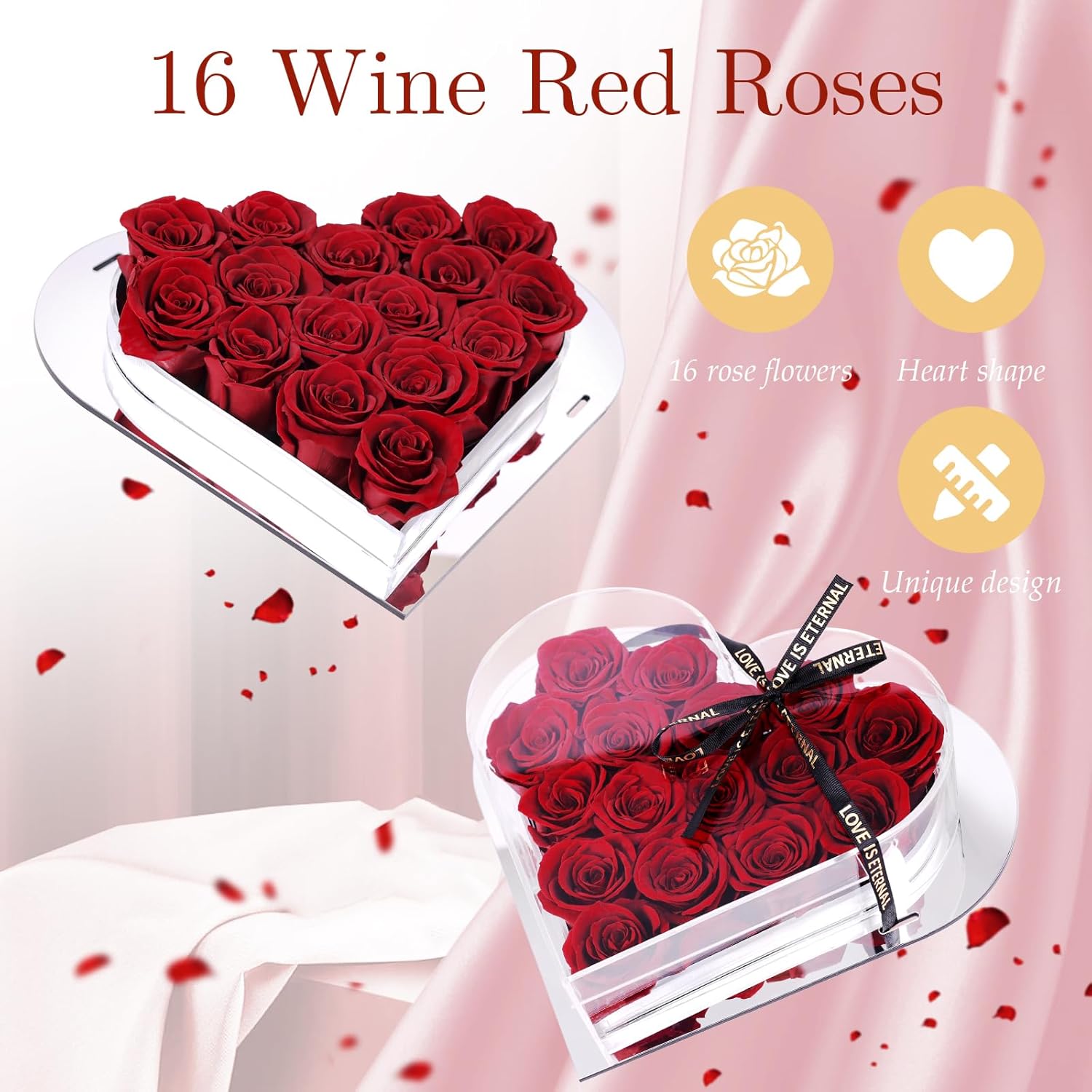 Preserved Flowers in Heart Shape Acrylic Box, 16Pcs Eternal Roses, Fresh Forever Roses, Birthday Gifts for Women, Wife, Her, Mothers Day, Valentines Day, Burgundy
