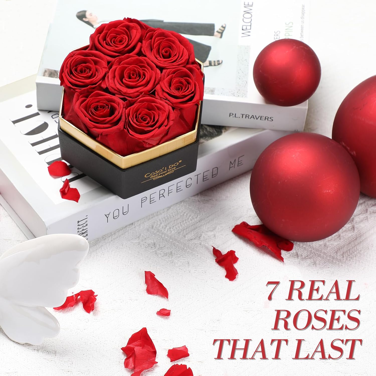 Preserved Roses Flowers for Delivery 7 Pcs, Forever Flores in a Box with Necklace, Eternal Rose Anniversary Birthday Gifts for Women Mom Wife Girlfriend, Rosas for Valentines Christmas, Red