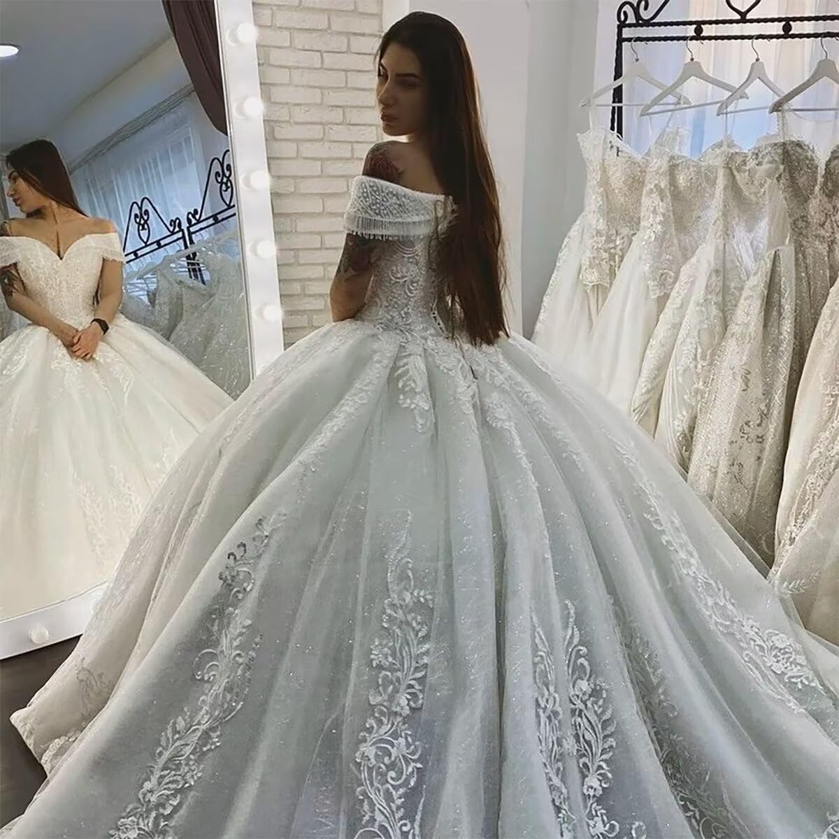 Zhangyo Off Shoulder Wedding Dresses with Train Puffy Lace Appliques Wedding Gown for Bride Princess Tulle Bridal Dress