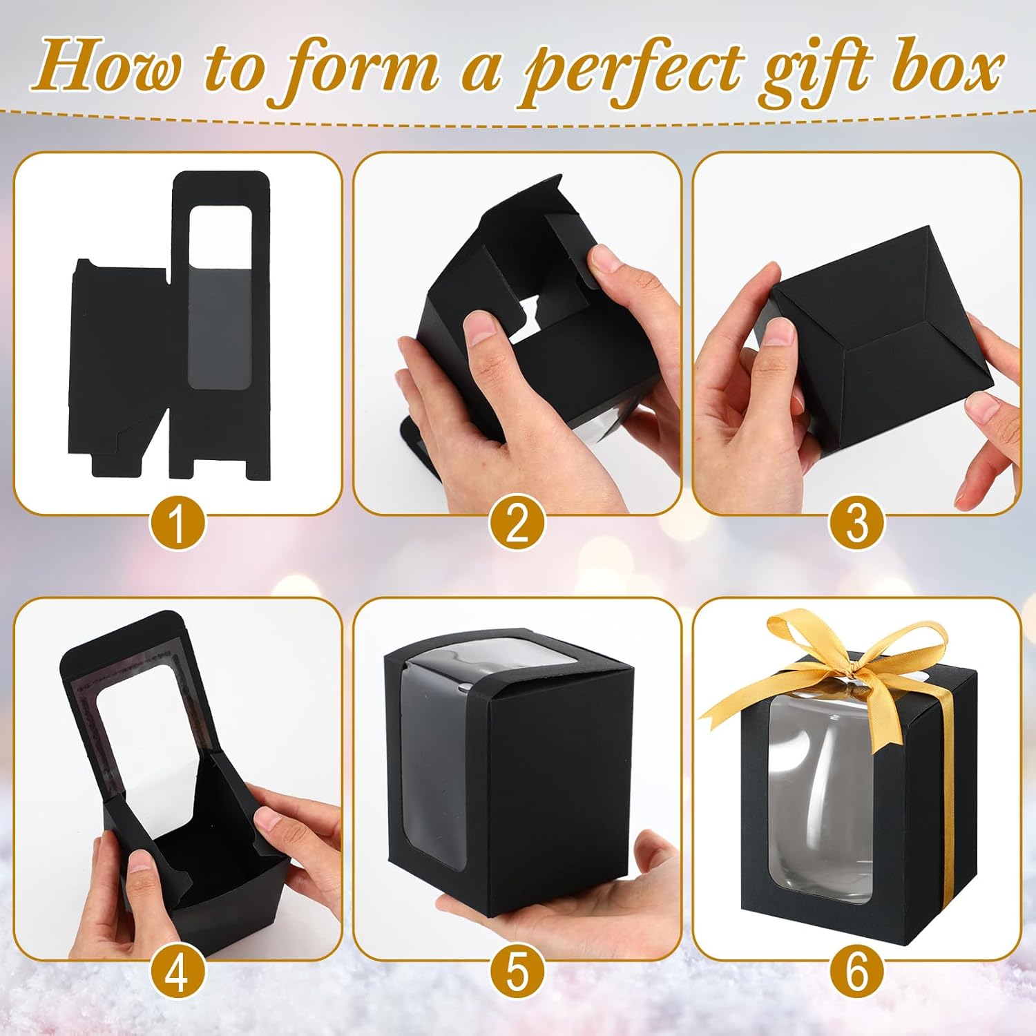 Fulmoon 50 Pack Gift Boxes for Wine Glass Transparent Gift 9 oz Stemless Glass Paper Packaging Box with Ribbon Tag Hemp Rope for Wedding Bridal Shower Baby Shower Birthday(Black)