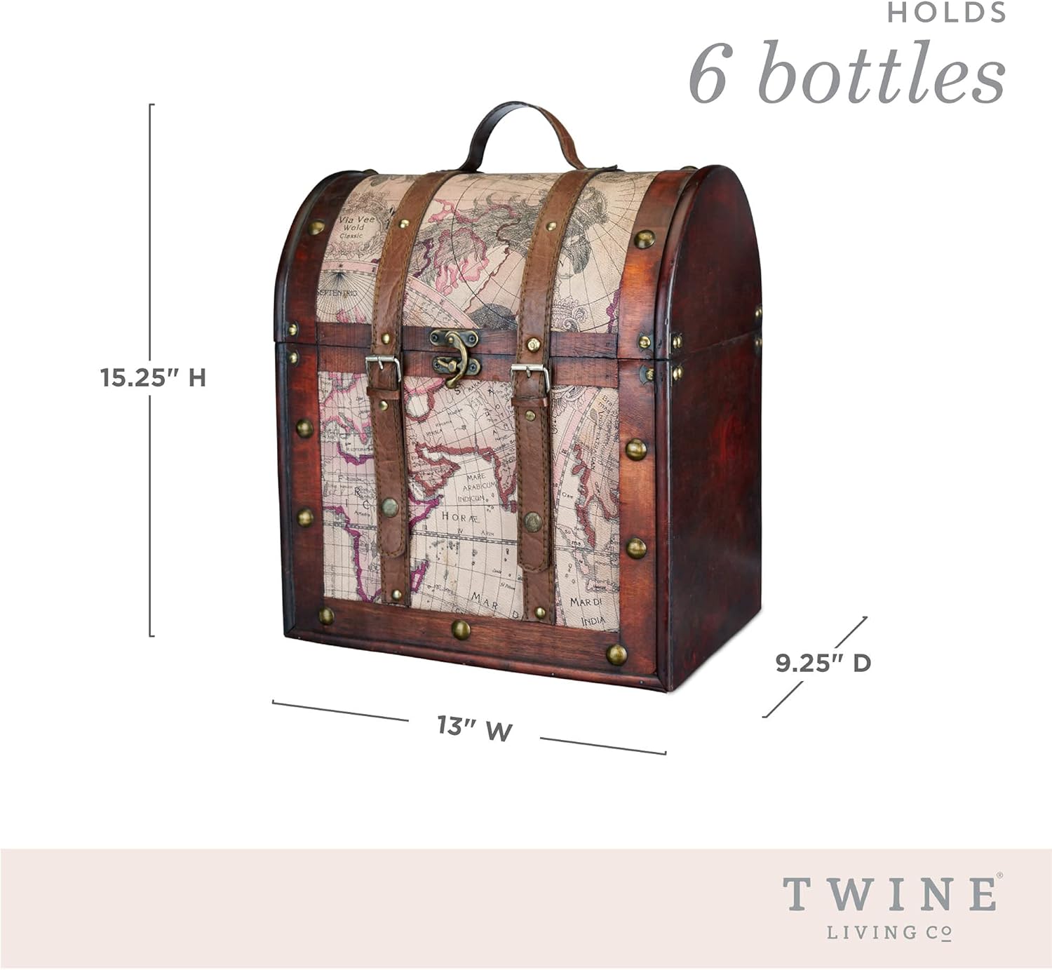Twine Old World 6 Wooden Wine Bottle Gift Box – Wine Decorative Storage Box with Lid and Handle, Wine Accessory Sets, Wood, Faux Leather in Antique Map Design Liquor Gift Box