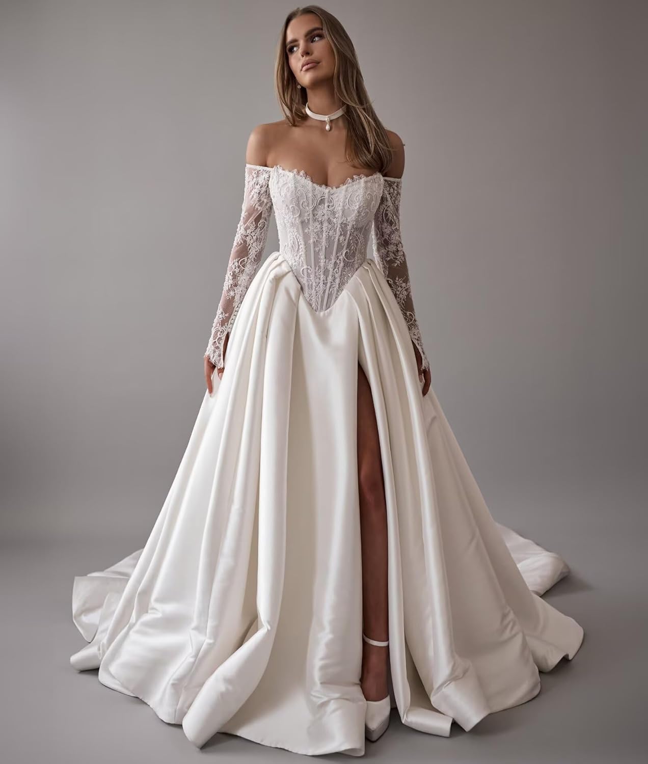 Zeeyecie Off The Shoulder Long Sleeve Satin Wedding Dresses A-Line Beaded Lace Applique Sparkly Bridal Gowns for Brides